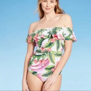 Kona Sol swimsuit‎ Off Shoulder Flounce High Coverage One Piece Tropical